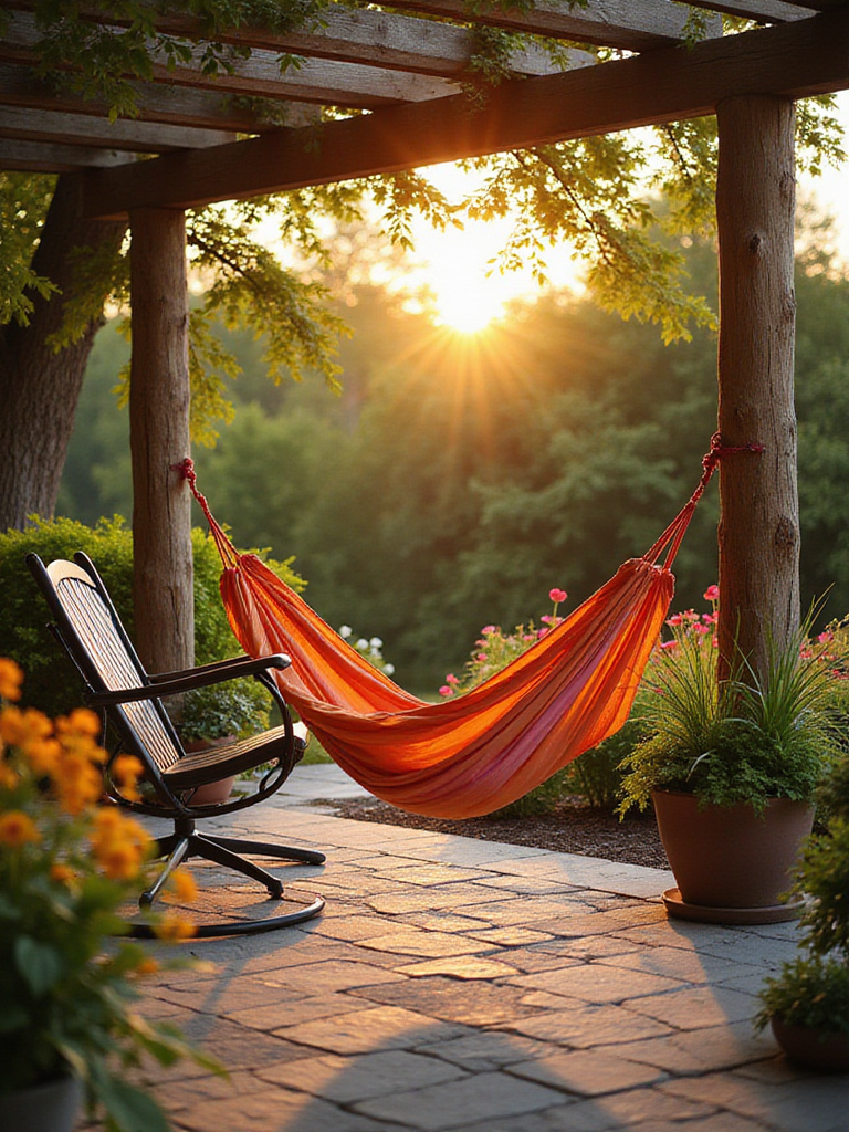 A colorful fabric hammock and a chair swing on a peaceful flagstone patio at sunset, surrounded by potted plants.