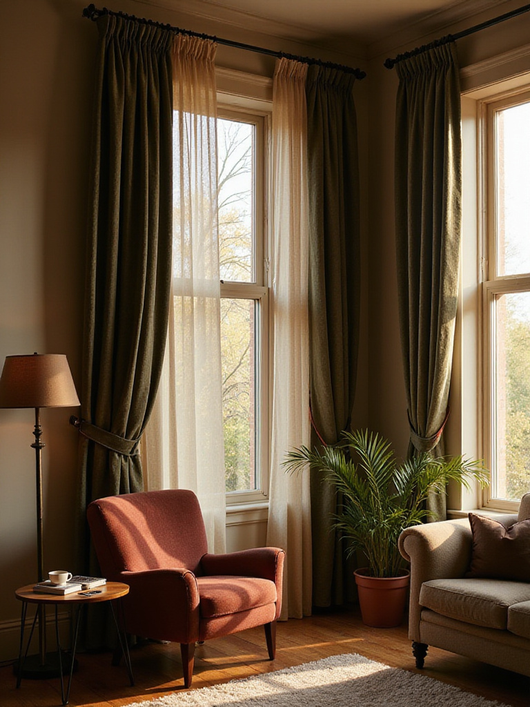 A cozy living room with large windows featuring heavy, layered curtains in warm colors. The curtains add texture and a sense of enclosure, enhancing the room's comfortable and inviting atmosphere.