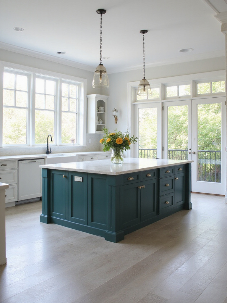 Modern kitchen with light cabinets and a contrasting dark navy blue kitchen island and white countertop.