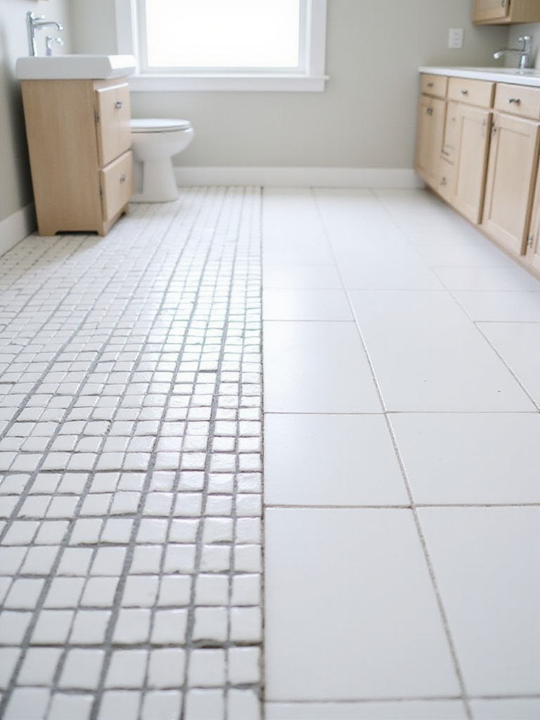Bathroom floor showing the difference between high-contrast grout and seamless grout.