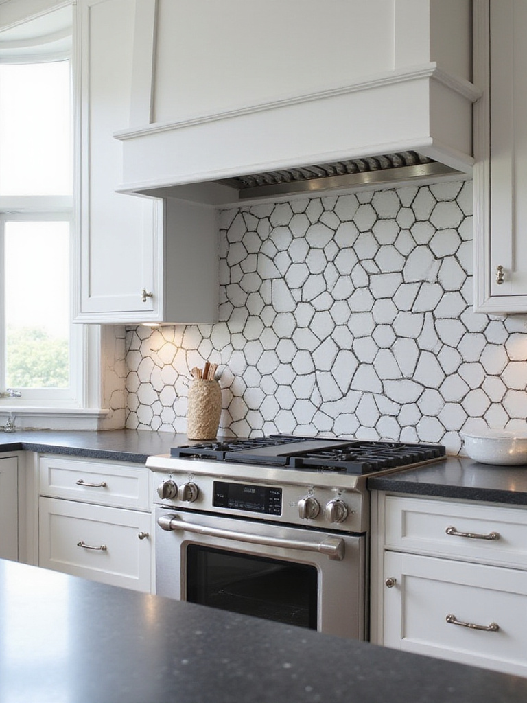 Modern kitchen featuring a bold geometric backsplash made of large black and white hexagonal tiles behind the range.