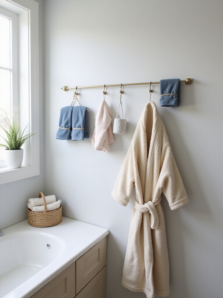 Stylish hooks holding folded towels and a bathrobe on a wall in a small, modern bathroom, demonstrating space-saving organization.