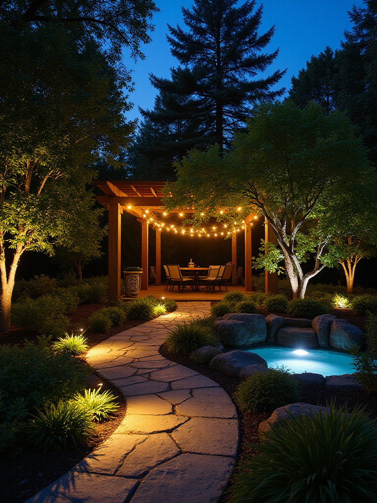 Backyard illuminated with a variety of outdoor lighting fixtures at twilight