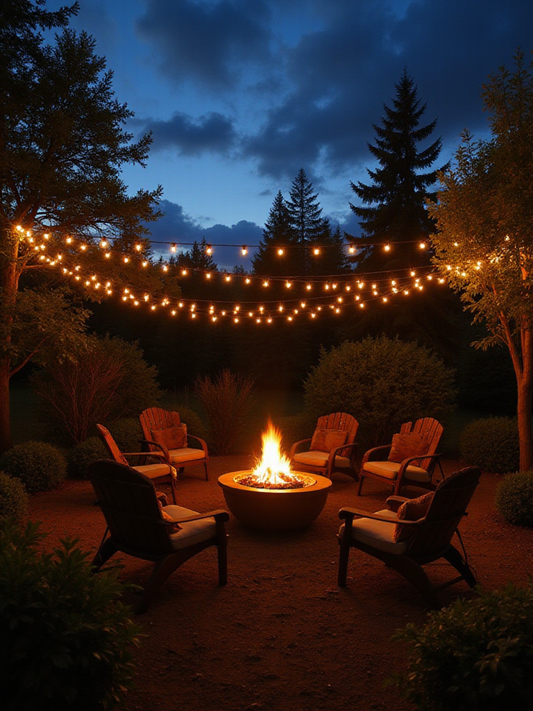 Cozy outdoor fire pit area illuminated with string lights at dusk.