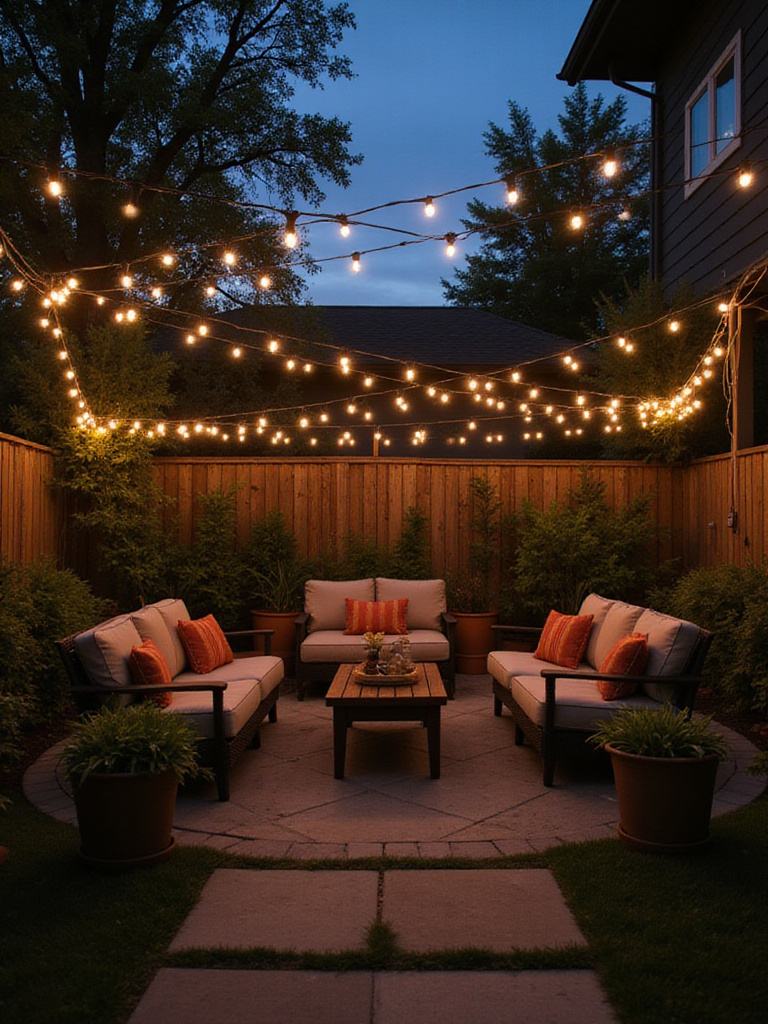Backyard patio illuminated by warm string lights strung overhead at dusk, creating a cozy and inviting atmosphere.