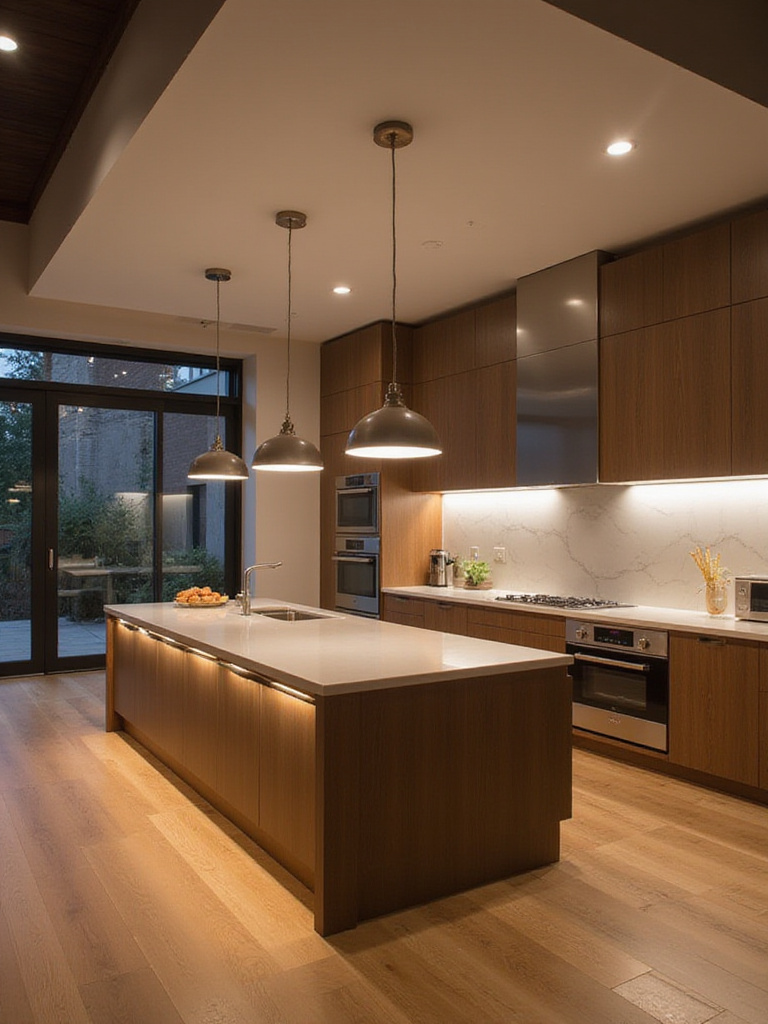 Modern kitchen interior demonstrating layered lighting with recessed ceiling lights, under-cabinet task lighting, and pendant lights over an island.