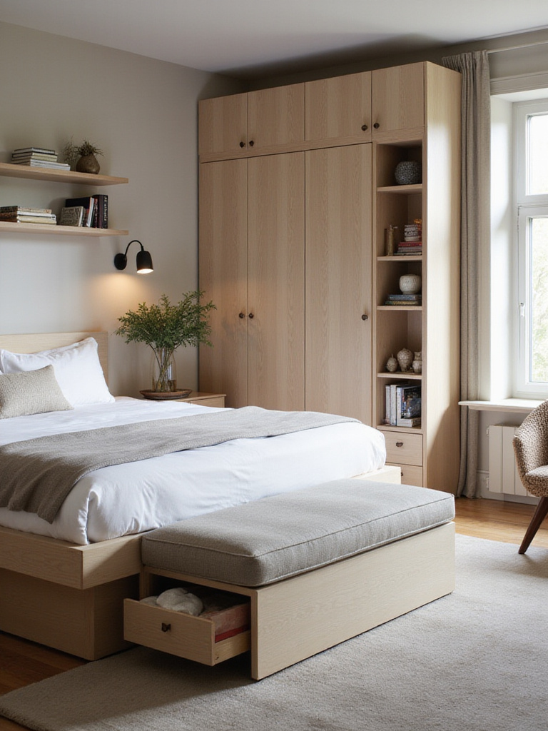 A well-organized bedroom featuring smart storage solutions, including a bed with under-bed drawers, floating shelves, a storage ottoman, and a modular shelving unit.