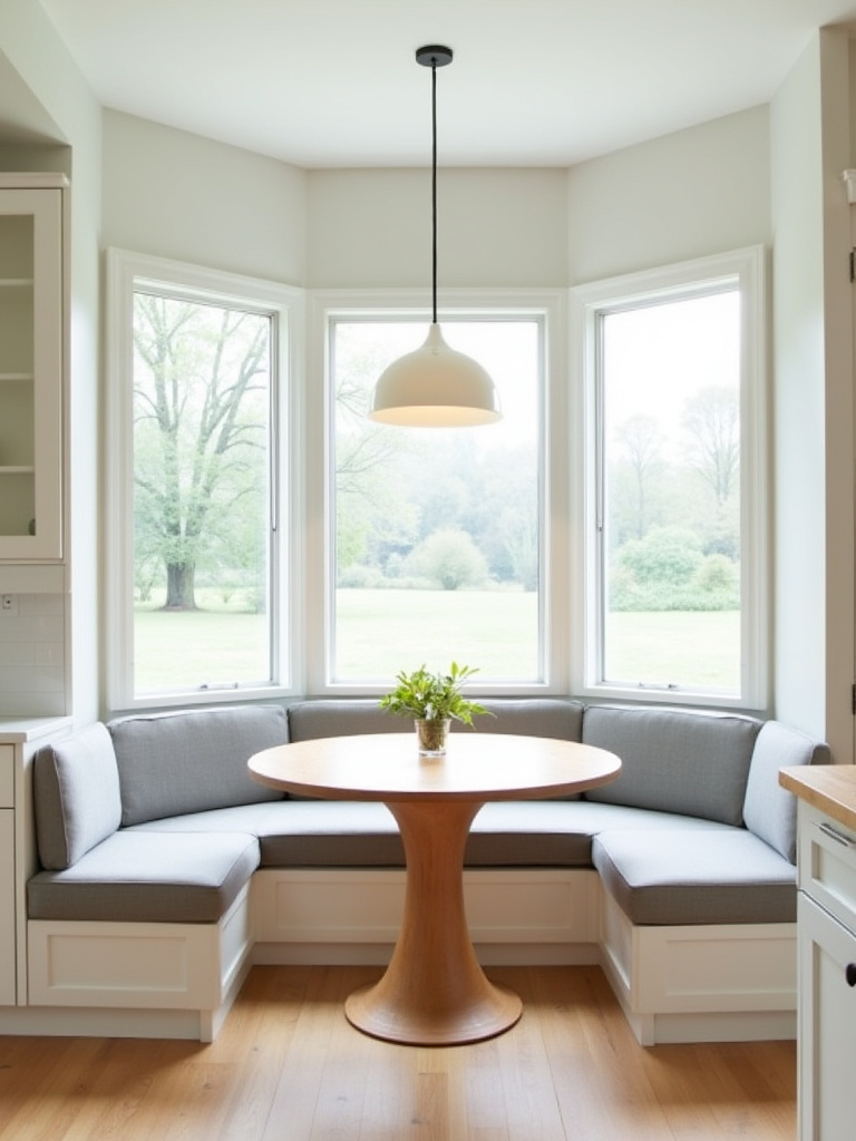 Built-in L-shaped banquette seating in a sunny modern kitchen breakfast nook with a round table and large windows.