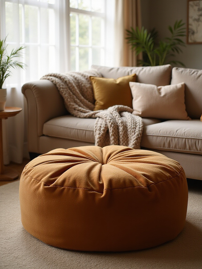 Cozy living room with velvet pouf for foot comfort