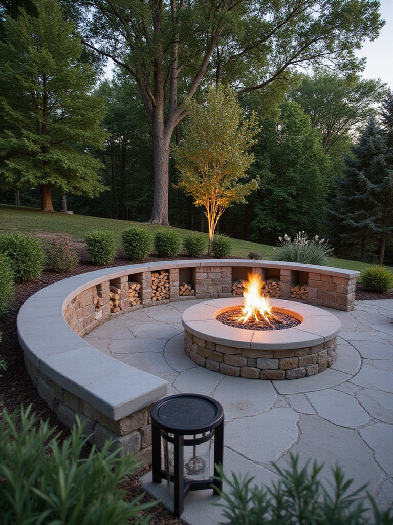 Elegant backyard with discreet storage for firewood and propane tanks beside a modern fire pit.