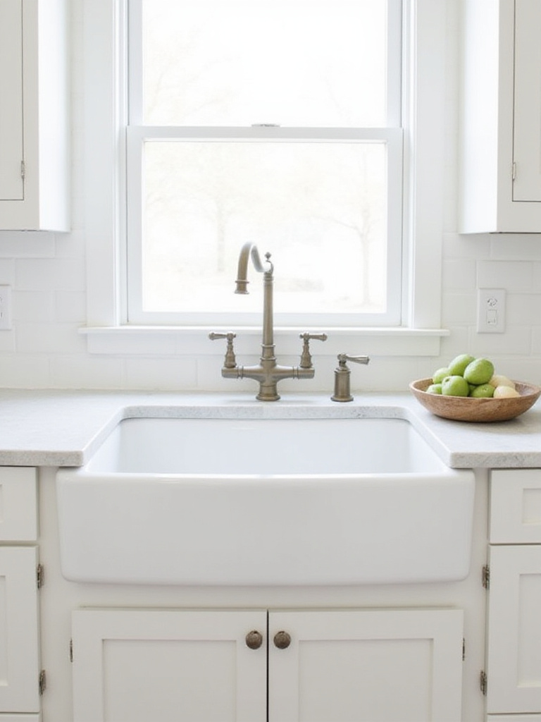 A classic white farmhouse sink with an exposed front panel, adding character and functionality to a white kitchen design.