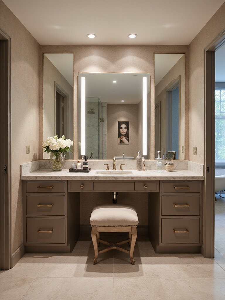 Luxury bathroom with a dedicated makeup and grooming station integrated into the vanity, featuring ideal lighting, marble countertop, comfortable seating, and ample storage.