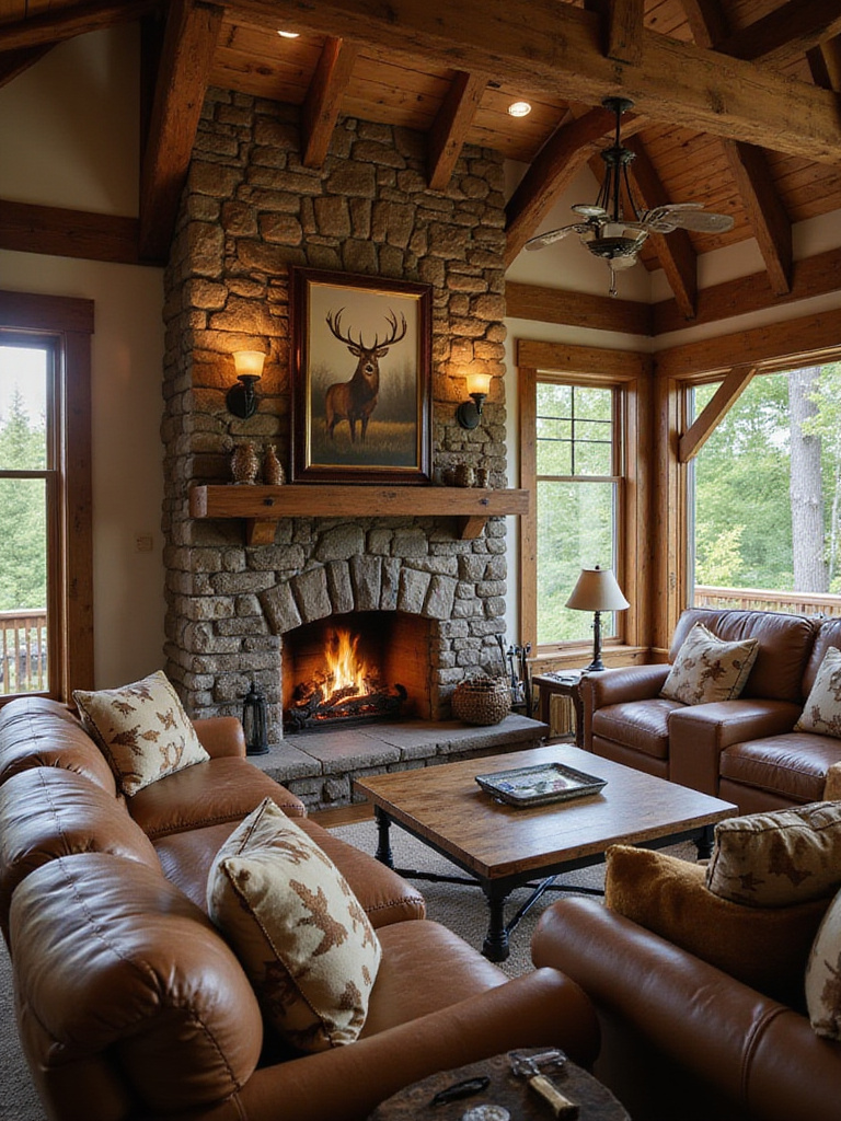 Cozy rustic living room with a stone fireplace, leather sofa, and armchair, featuring a framed deer painting above the fireplace and animal-themed throw pillows on the seating.