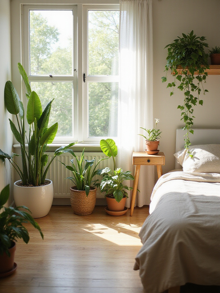 Serene bedroom decorated with a variety of indoor plants, showcasing biophilic design principles for a calming sanctuary.