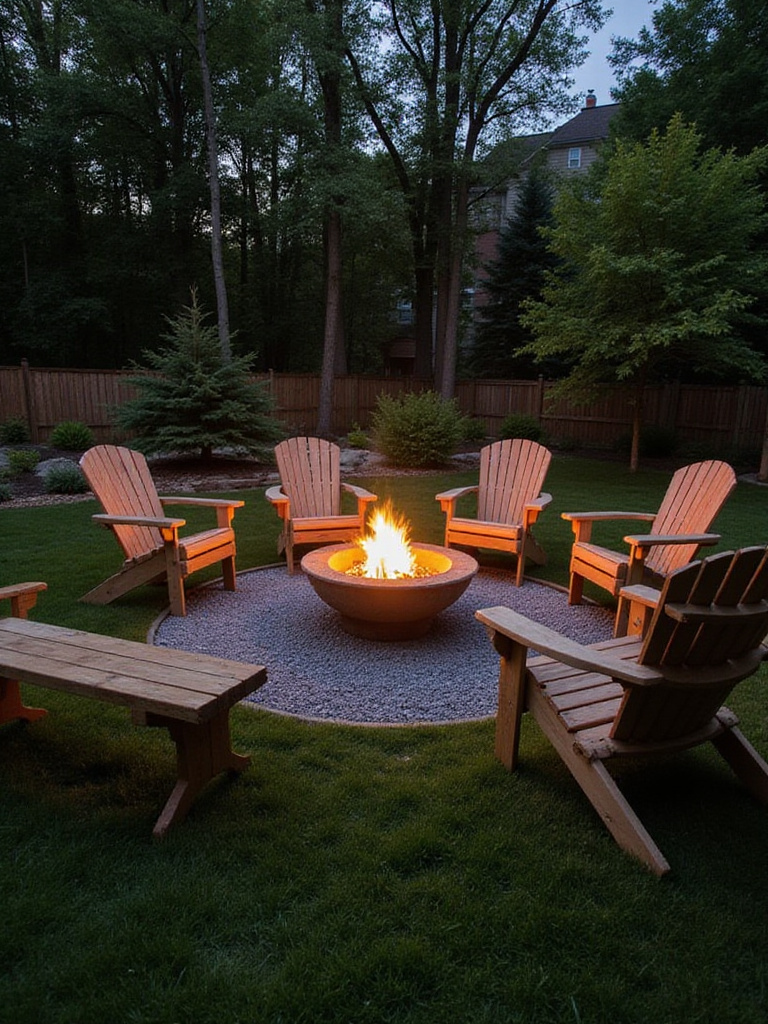 Cozy backyard fire pit area with Adirondack chairs and benches