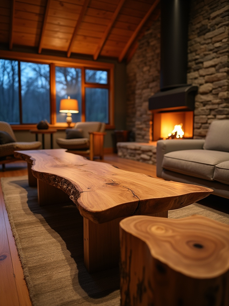 A rustic living room featuring a large live-edge wood coffee table, solid wood side tables, and a comfortable sofa, illuminated by the warm glow of a fireplace.