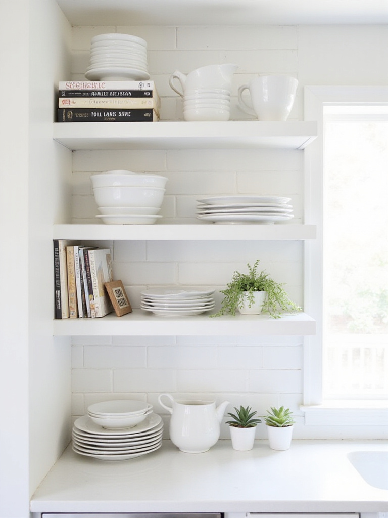 Open white shelving in a kitchen, styled with a mix of dishes, decor, and plants, creating a light and airy display area.