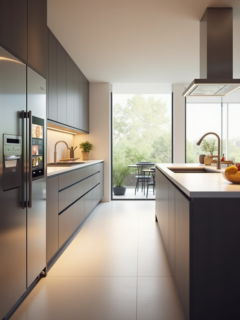 A modern kitchen interior featuring integrated smart technology, including a smart refrigerator screen, smart faucet, and smart under-cabinet lighting, illustrating seamless tech integration in renovation.