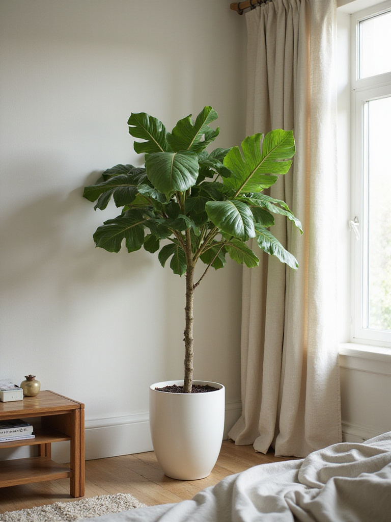 Modern bedroom interior with greenery featuring a Fiddle Leaf Fig tree in a white pot.