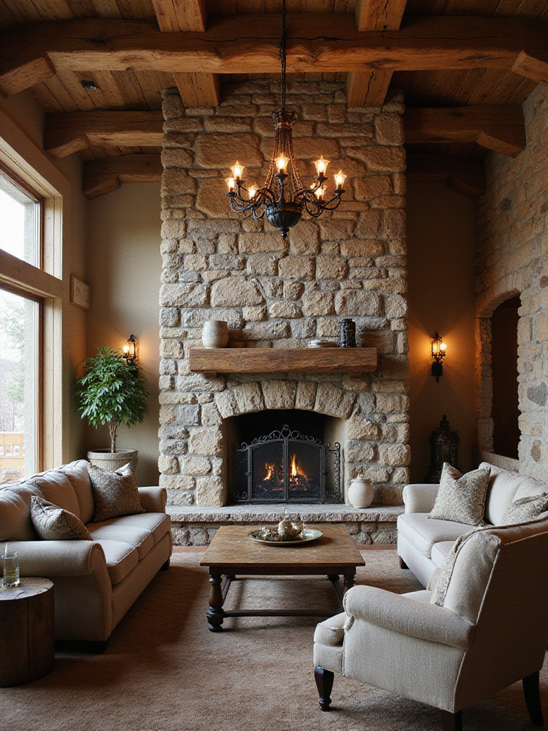 Rustic living room with a stone fireplace, wooden beams, and a prominent wrought iron chandelier and fireplace screen, creating a cozy and charming atmosphere.