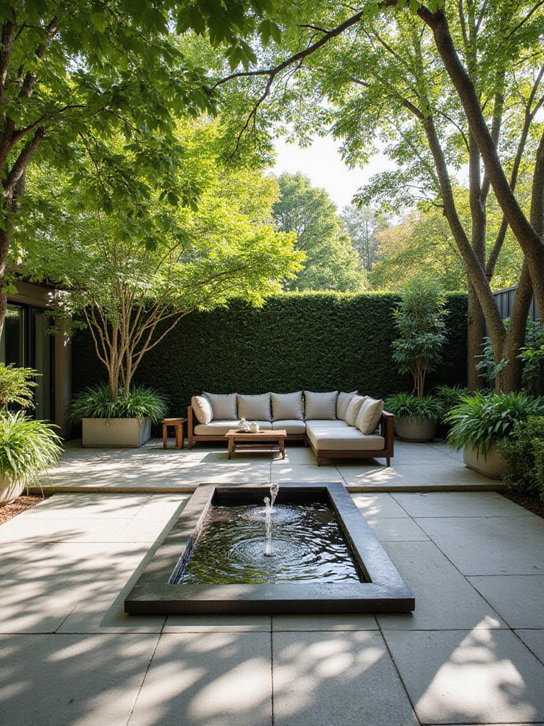 A modern backyard patio with a rectangular overflowing basin water feature, stone tile paving, outdoor seating, and lush surrounding plants under dappled sunlight.