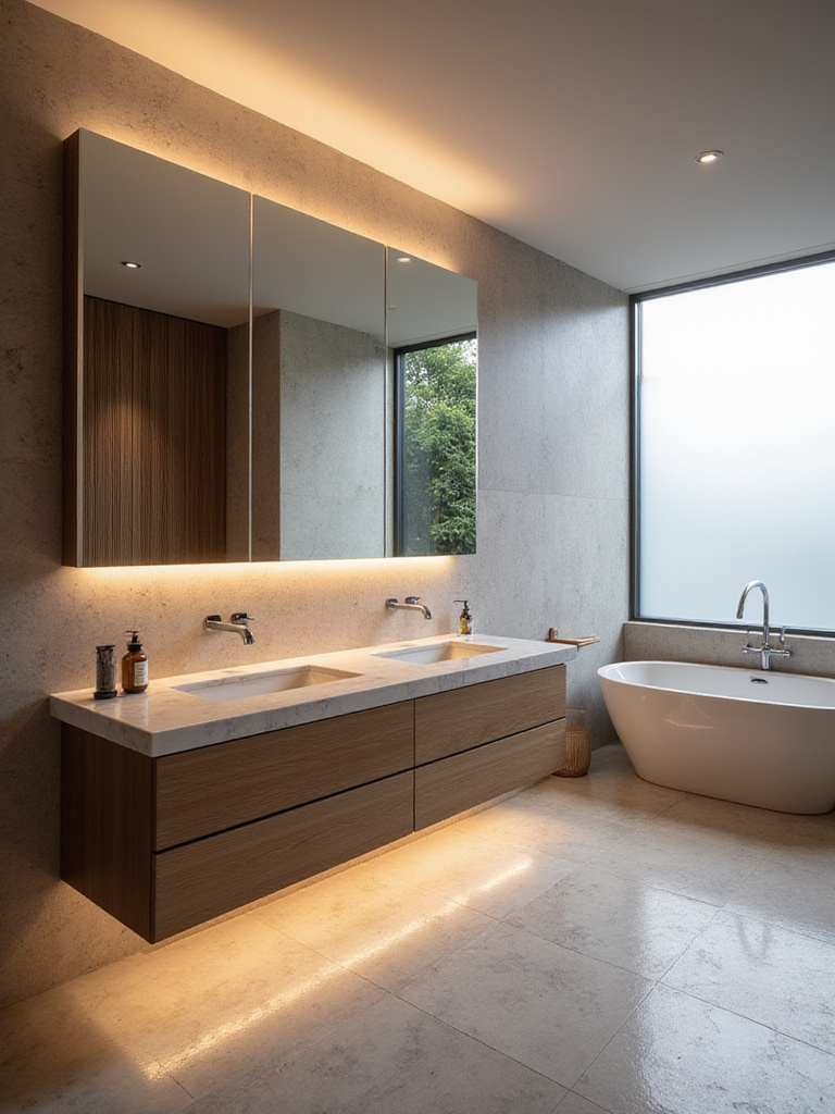 Luxury bathroom featuring a large frameless smart mirror above a double vanity with marble countertops. The mirror displays subtle smart features and provides integrated lighting.