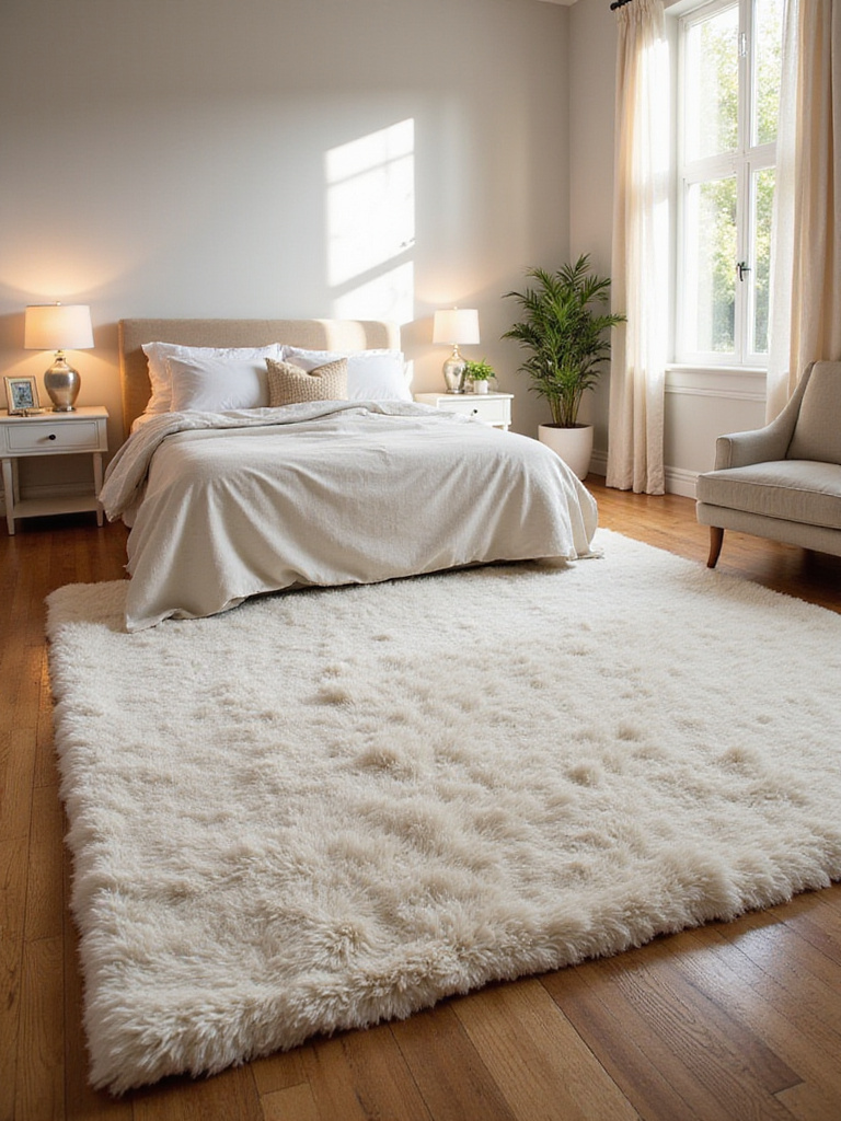 A cozy bedroom featuring a large, soft area rug extending from beneath the bed onto a hardwood floor, illuminated by warm natural light.
