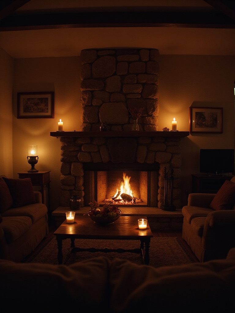 Cozy living room with fireplace and candlelight creating a warm ambiance