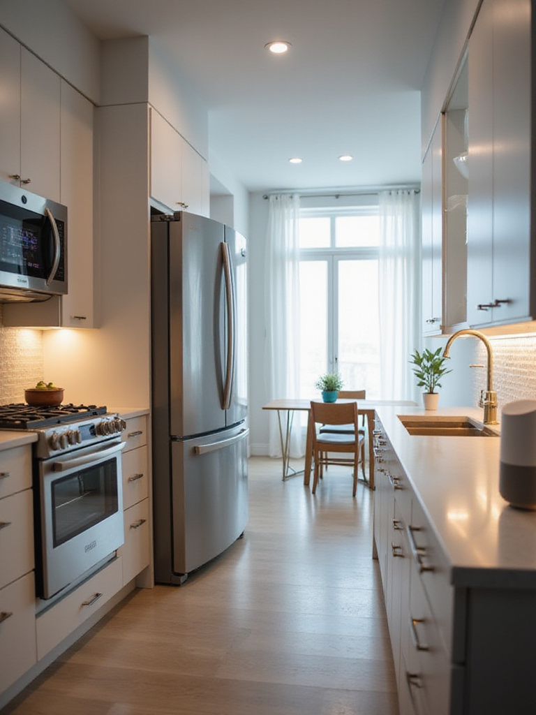 Modern kitchen interior featuring integrated smart appliances like a smart refrigerator with a screen, a smart oven, and a voice assistant, illuminated by natural and under-cabinet lighting.
