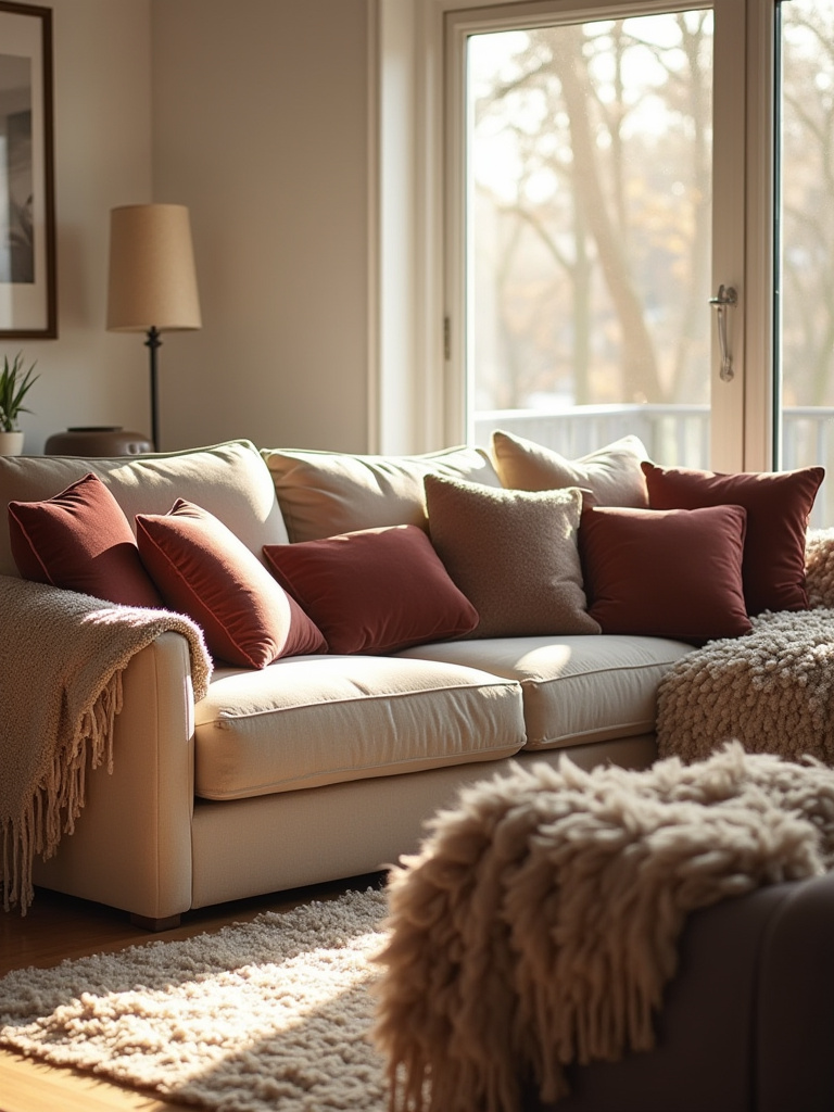 Cozy living room featuring layered soft textures like velvet pillows, a chenille throw, and a faux fur blanket on furniture, creating a warm and inviting atmosphere.
