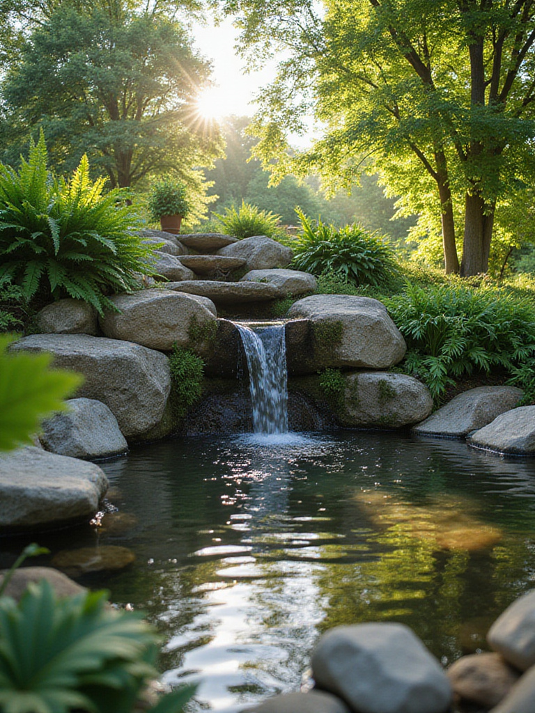 Backyard garden featuring a stone waterfall and pond for tranquility