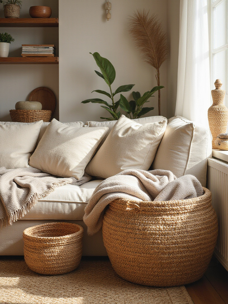Cozy living room featuring a variety of woven baskets made from natural materials, used for both practical storage and adding texture and warmth to the space.