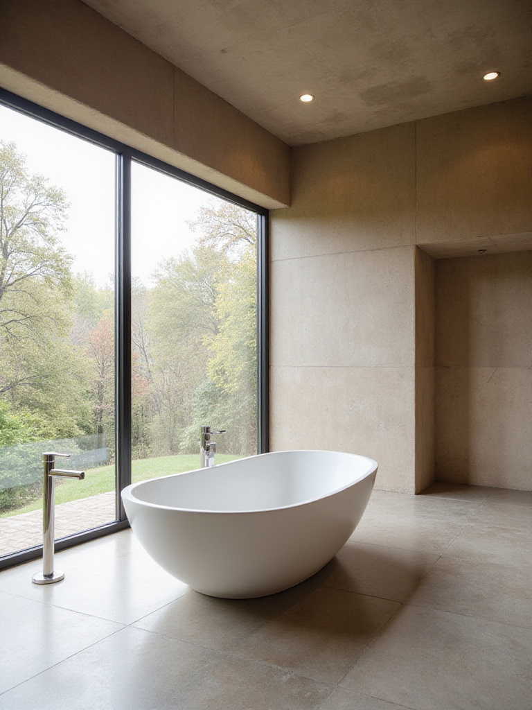 Luxury bathroom with a modern freestanding white soaking tub as the centerpiece, positioned on a polished concrete floor under large windows.