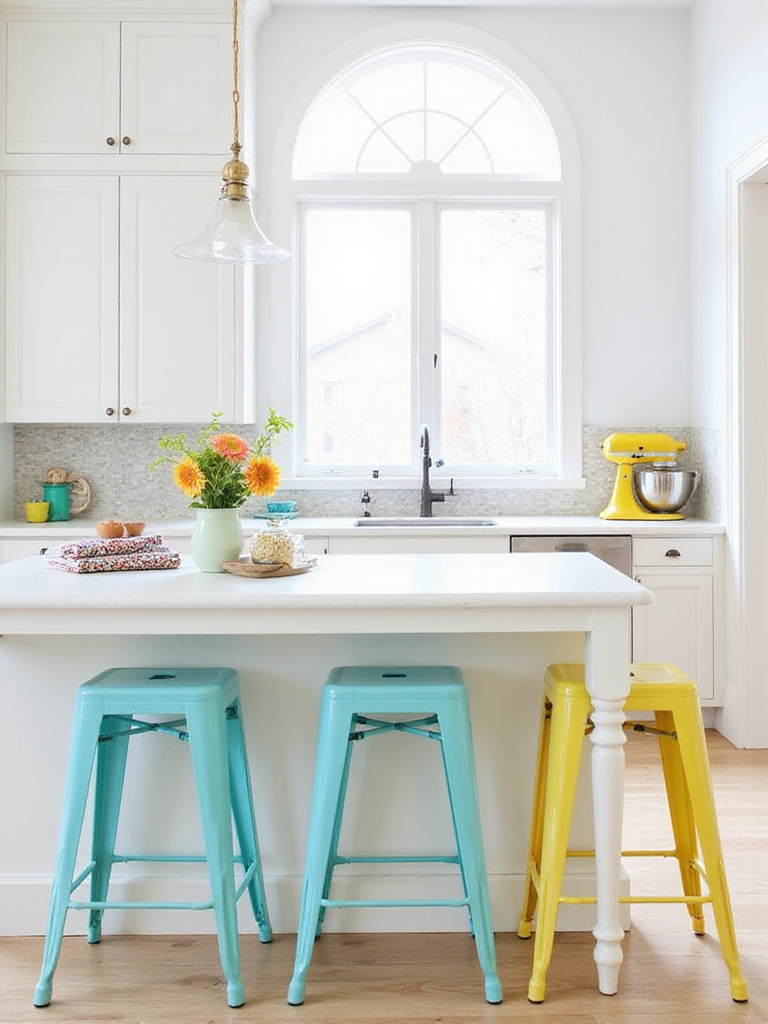A white kitchen injected with personality through strategic pops of vibrant color in accessories like bar stools, a stand mixer, or flowers.