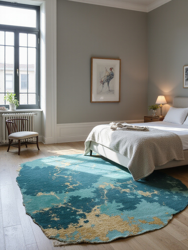 Modern bedroom featuring a bold, abstract patterned area rug as a vibrant pop of color against a neutral background.