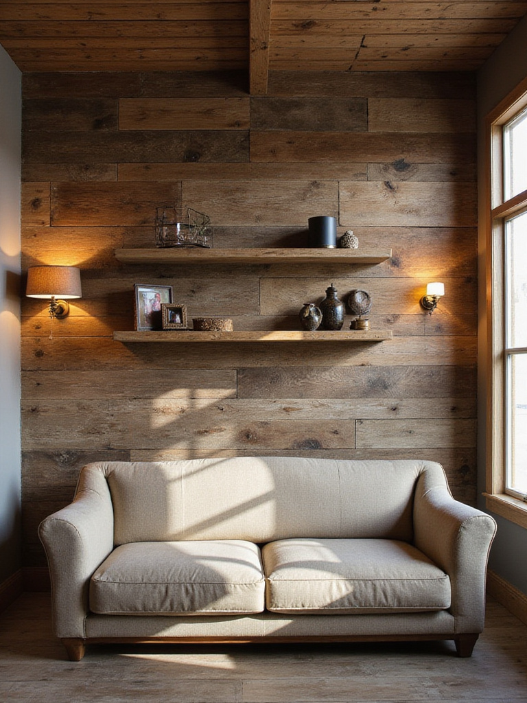 Rustic living room with a reclaimed barn wood accent wall and floating barn wood shelves displaying decor.