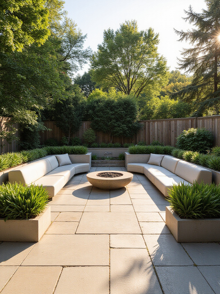 Modern patio with integrated concrete built-in seating wrapping around a fire pit area.