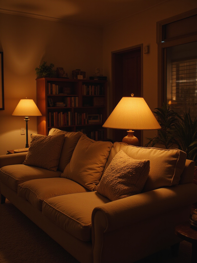 Cozy living room with soft, adjustable mood lighting created by dimmer switches.