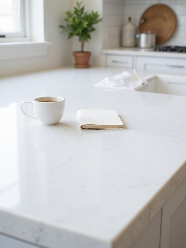 A durable white quartz countertop with a subtle consistent pattern and an eased edge, showcasing its easy maintenance and beauty in a kitchen.