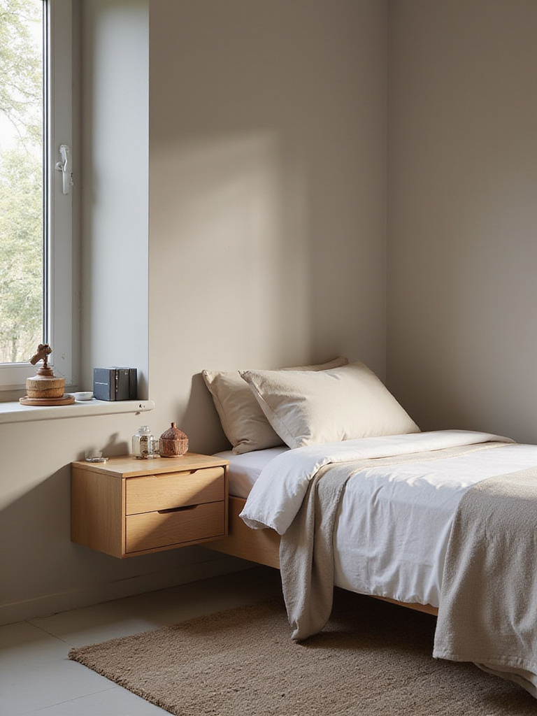 Modern bedroom with floating nightstands and minimalist decor