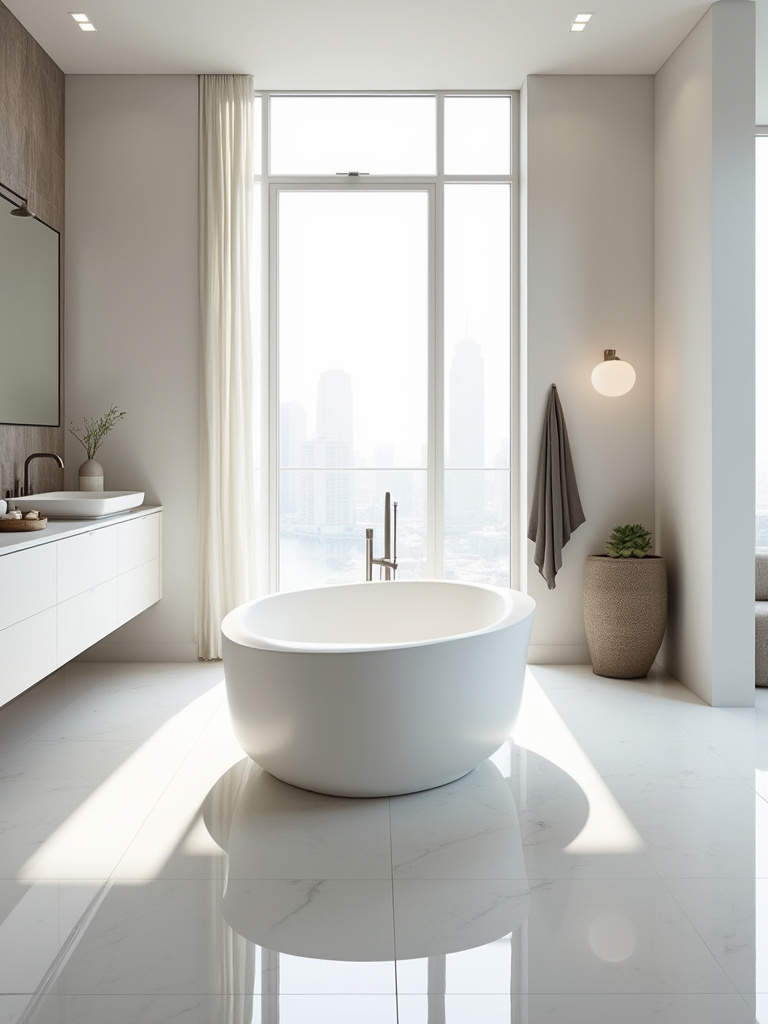 A modern bathroom featuring a sculptural freestanding tub as the focal point, highlighting its elegant design and spacious surroundings.