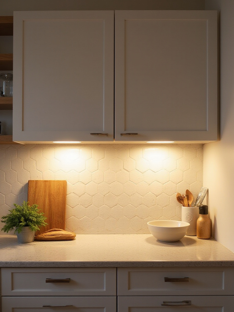 Bright under-cabinet LED lighting illuminates a modern kitchen countertop and geometric tile backsplash, showcasing functional task lighting.
