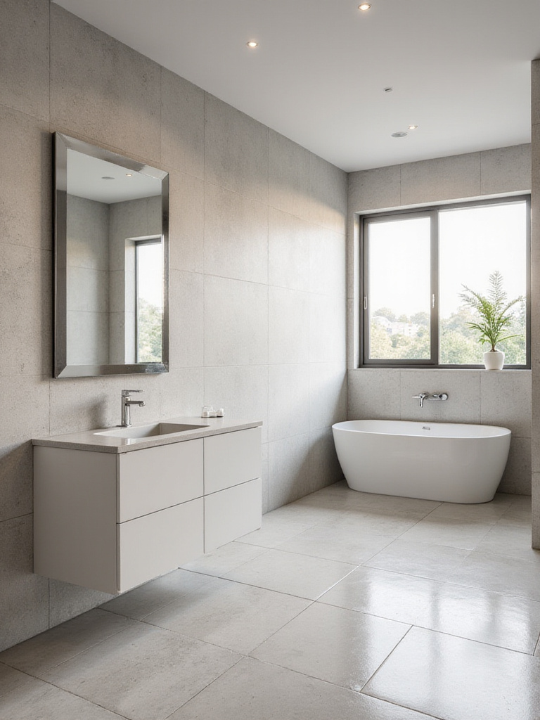 Modern bathroom with large format tiles on walls and floors, showcasing a seamless design.