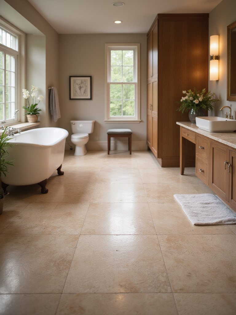 A luxurious bathroom floor with warm natural stone tiles, implying radiant heating, in a serene and elegant setting with a freestanding tub and vanity.