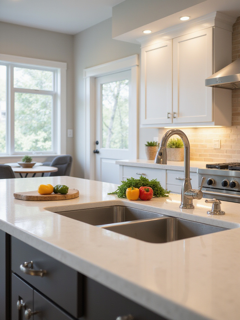 Modern kitchen island with stainless steel prep sink and faucet on quartz countertop, enhancing kitchen efficiency.