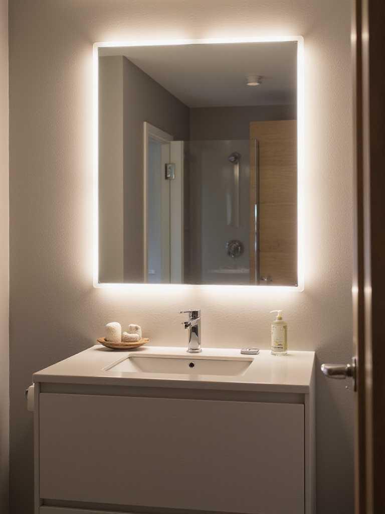 Modern bathroom with backlit vanity mirror and integrated lighting