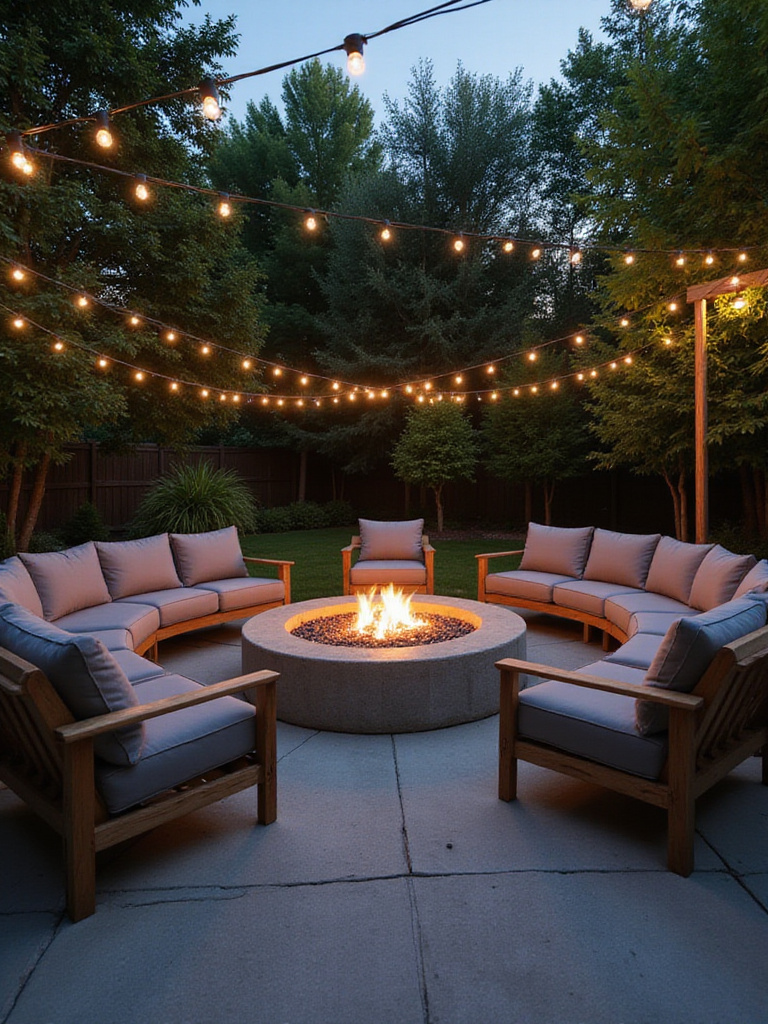 Cozy backyard fire pit area with modern seating and ambient lighting