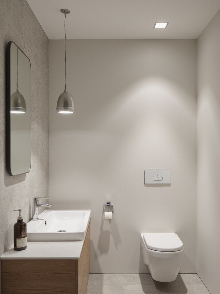 Modern bathroom with minimalist recessed and pendant lighting