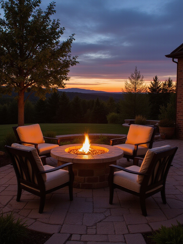 A gas fire pit surrounded by outdoor furniture in a cozy backyard setting at dusk.