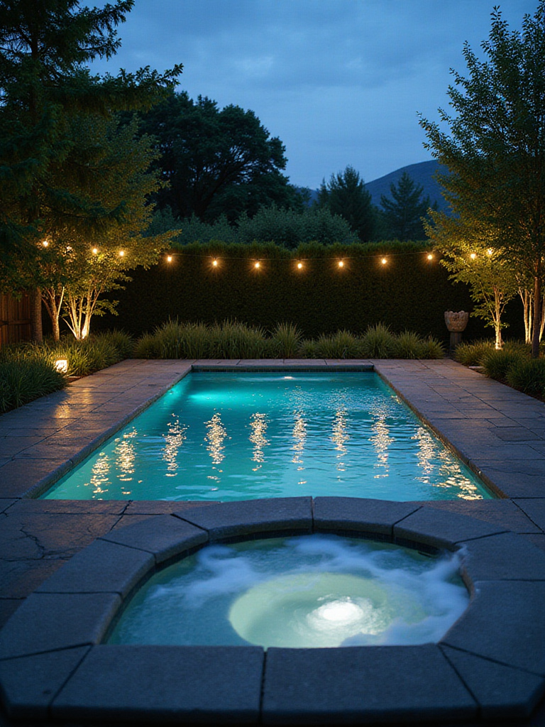 Relaxing backyard with a modern pool and hot tub at dusk.